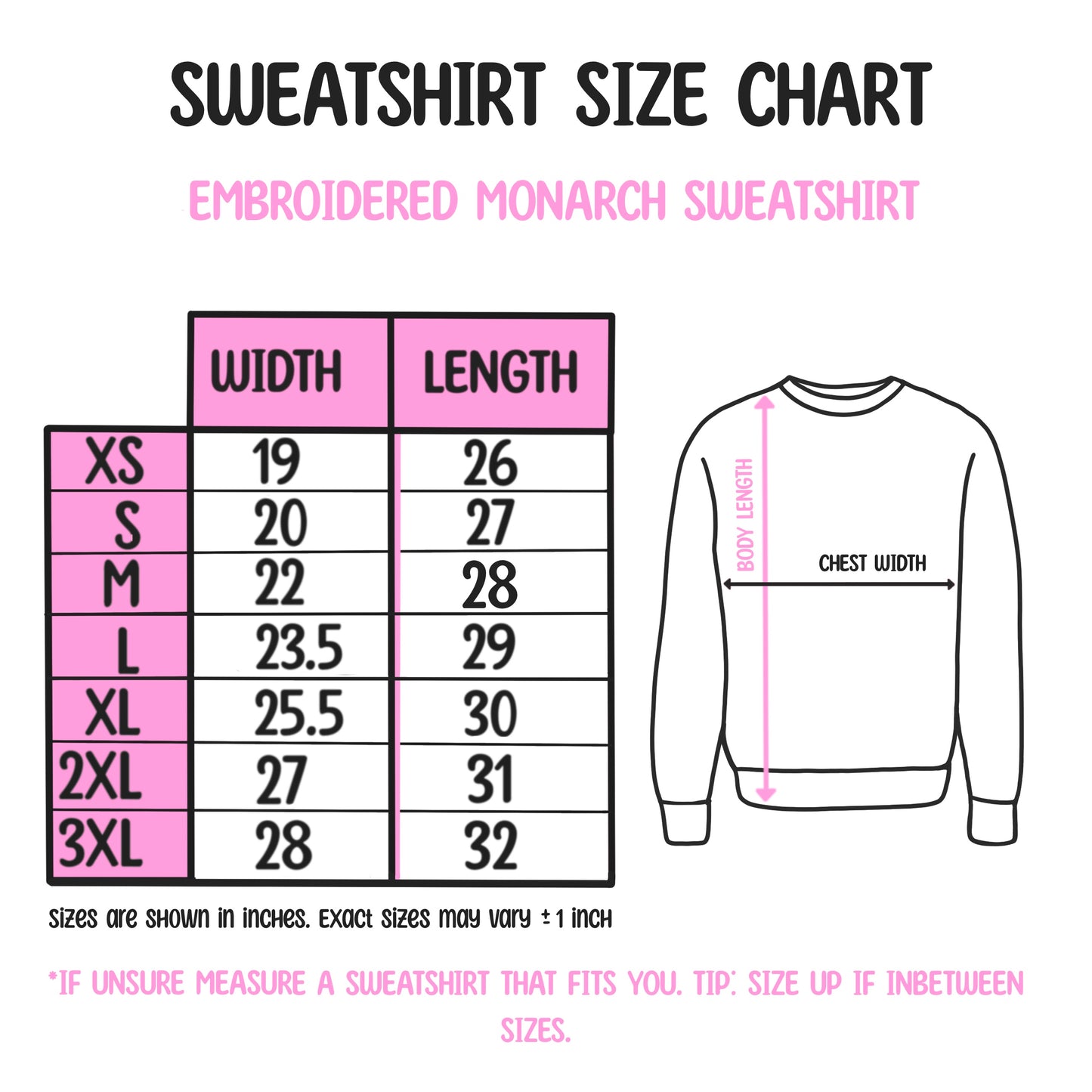 Sweatshirt Size Chart, check listing for sizing availability.