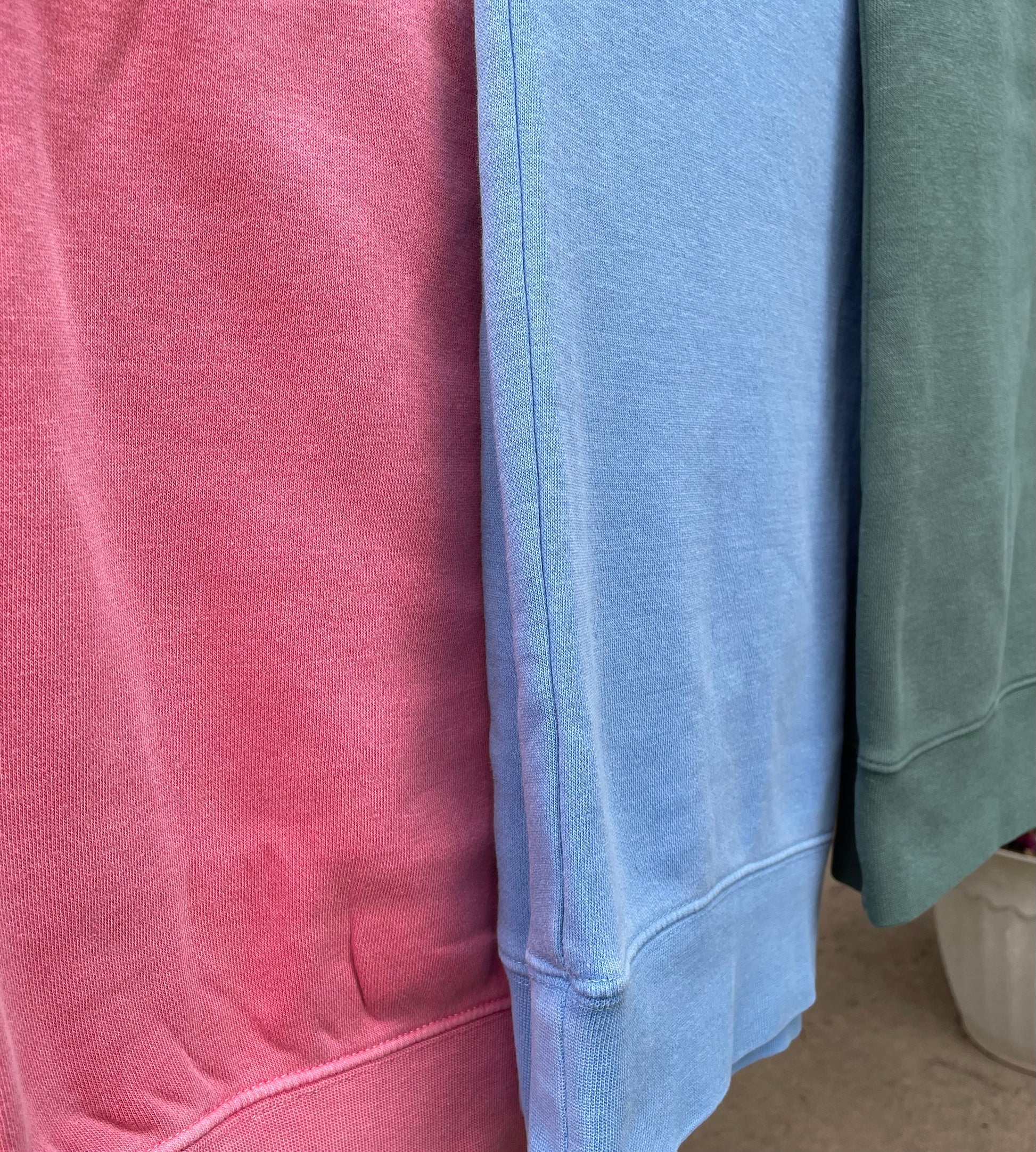 Crewneck Sweatshirt Colors available: Pigment Pink (watermelon Pink), Baby Blue (Light Blue), and Forrest Green (Dark/Med Green). 
