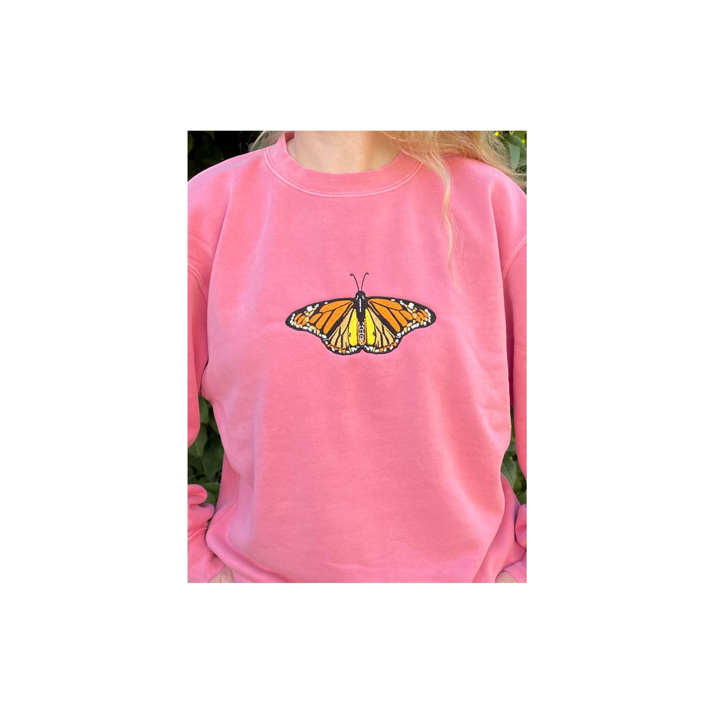 These crewneck sweatshirts are pigment dyed which adds a beautiful unique look. The crewnecks are embroidered with high quality thread that leaves a beautiful sparkle when it hits the sun. Embroidered with a beautiful monarch butterfly. Center chest embroidered graphic, unisex fit, mid-weight fabric, material: 80% cotton/ 20% polyester blend, colors: pink, light blue, or forrest green. Sizes S, M, L, XL, 2XL, 3XL available.