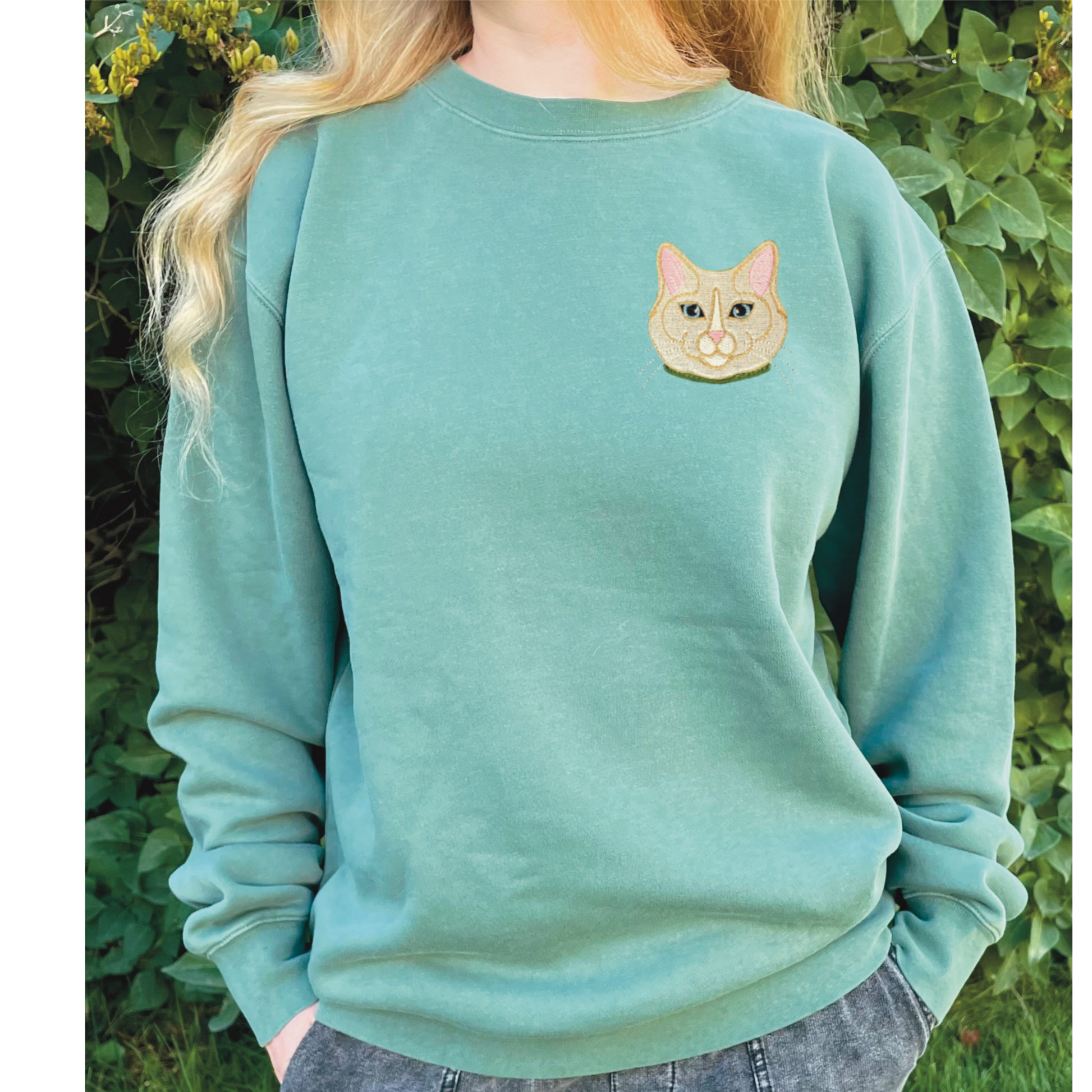 Flame point cat embroidered on left chest 4x4. Available in sizes S-3XL