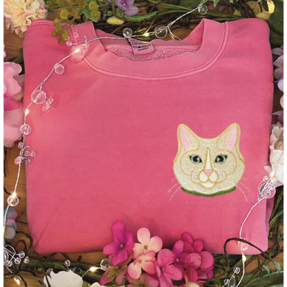 Flame Point Cat left chest embroidered 4x4 inch on pigment pink. Sizes S-3XL available.