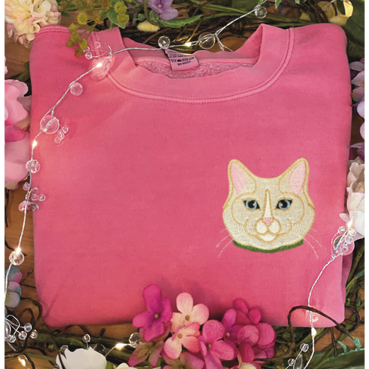 Flame Point Cat left chest embroidered 4x4 inch on pigment pink. Sizes S-3XL available.