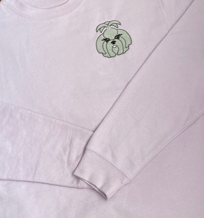 Soft, comfortable, high quality crewnecks. Colors available are pigment pink, baby blue, and forrest green. Personalized with Shih Tzu dog breed on front. (Size 4X4in) Left chest embroidered graphic with a unisex fit, mid-weight fabric.