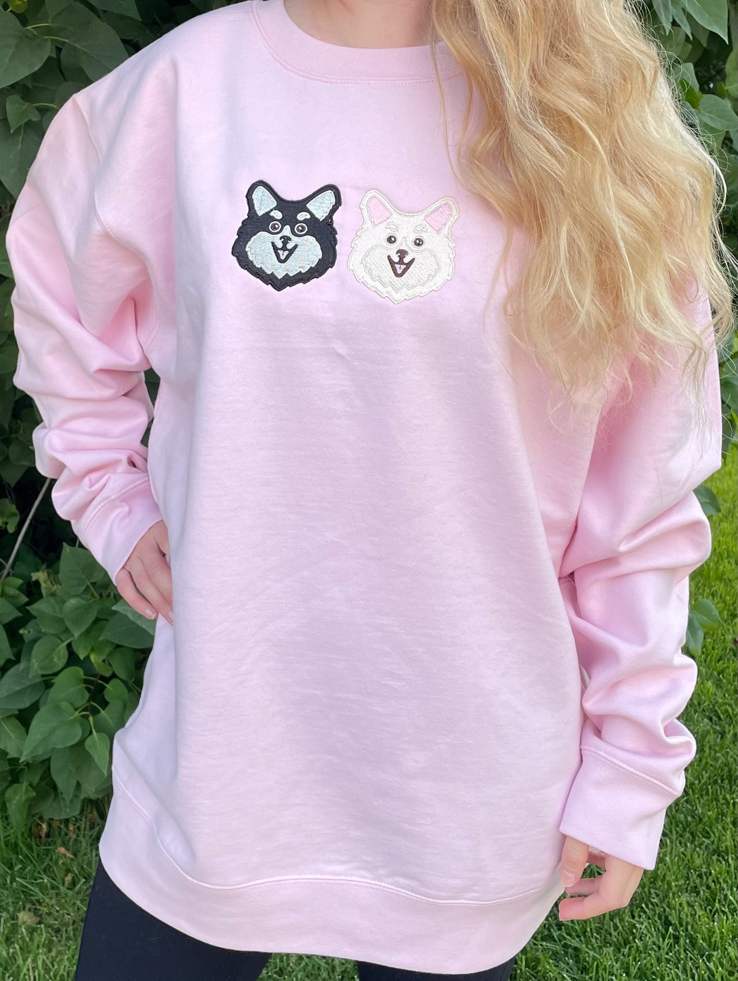 Soft, comfortable, high quality crewnecks. Colors available are pigment pink, baby blue, and forrest green. Personalized with Pomeranian dog breed on front. There are two options available for colors for this dog breed design Black/Cream or Cream/White  (Size 4X4in). Left chest embroidered graphic with a unisex fit, mid-weight fabric.