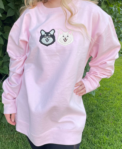 Soft, comfortable, high quality crewnecks. Colors available are pigment pink, baby blue, and forrest green. Personalized with Pomeranian dog breed on front. There are two options available for colors for this dog breed design Black/Cream or Cream/White  (Size 4X4in). Left chest embroidered graphic with a unisex fit, mid-weight fabric.