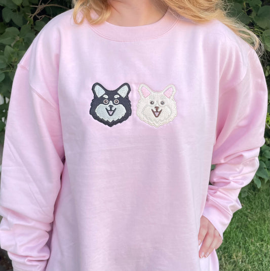 Soft, comfortable, high quality crewnecks. Colors available are pigment pink, baby blue, and forrest green. Personalized with Pomeranian dog breed on front. There are two options available for colors for this dog breed design Black/Cream or Cream/White  (Size 4X4in). Left chest embroidered graphic with a unisex fit, mid-weight fabric.